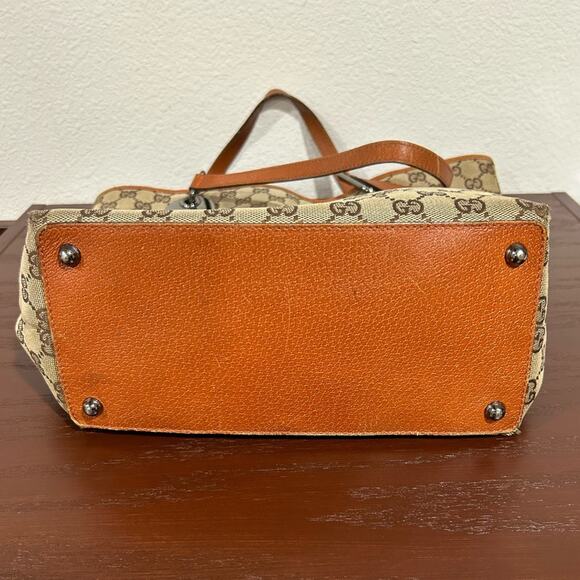 Gucci Vintage Tote Classic Beige GG Logo Canvas Orange Leather Trim Medium Size - Picture 7 of 16